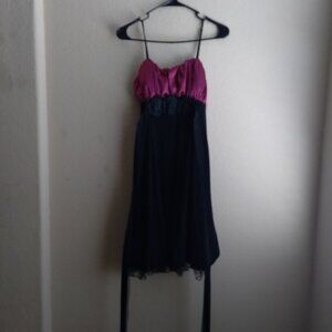 Vintage Y2K Snap Black and Magenta Mini Dress with Rosette Detail
